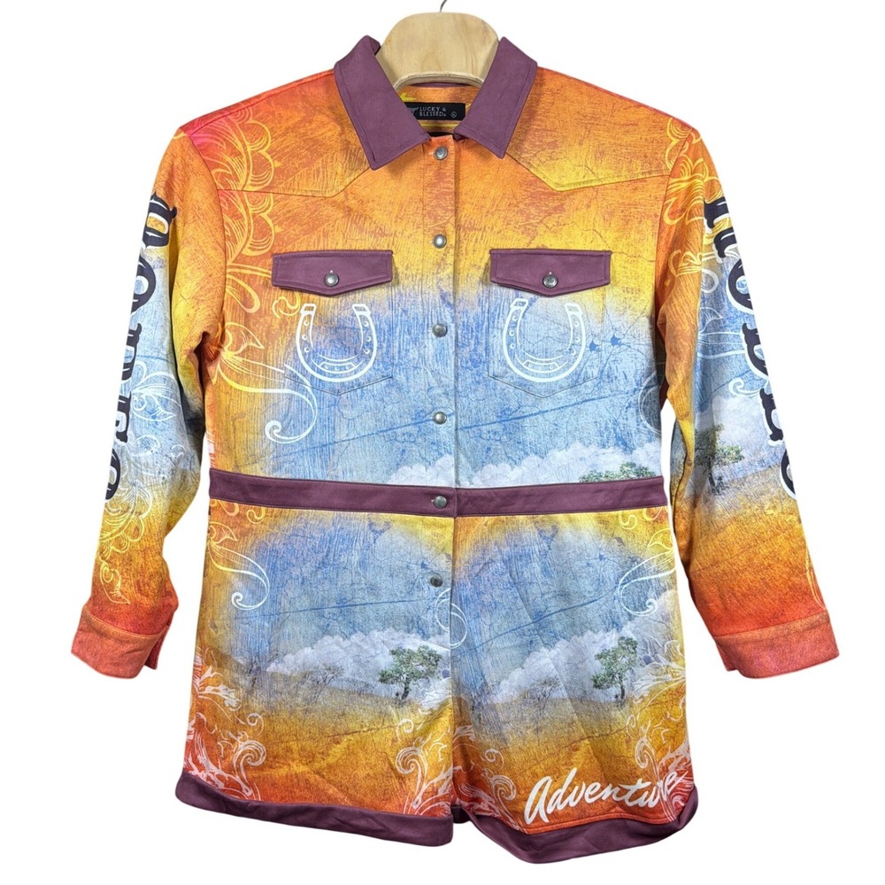 Lucky & Blessed Romper Womens XL JP064-2# Multicolor Western Graphic Button Down